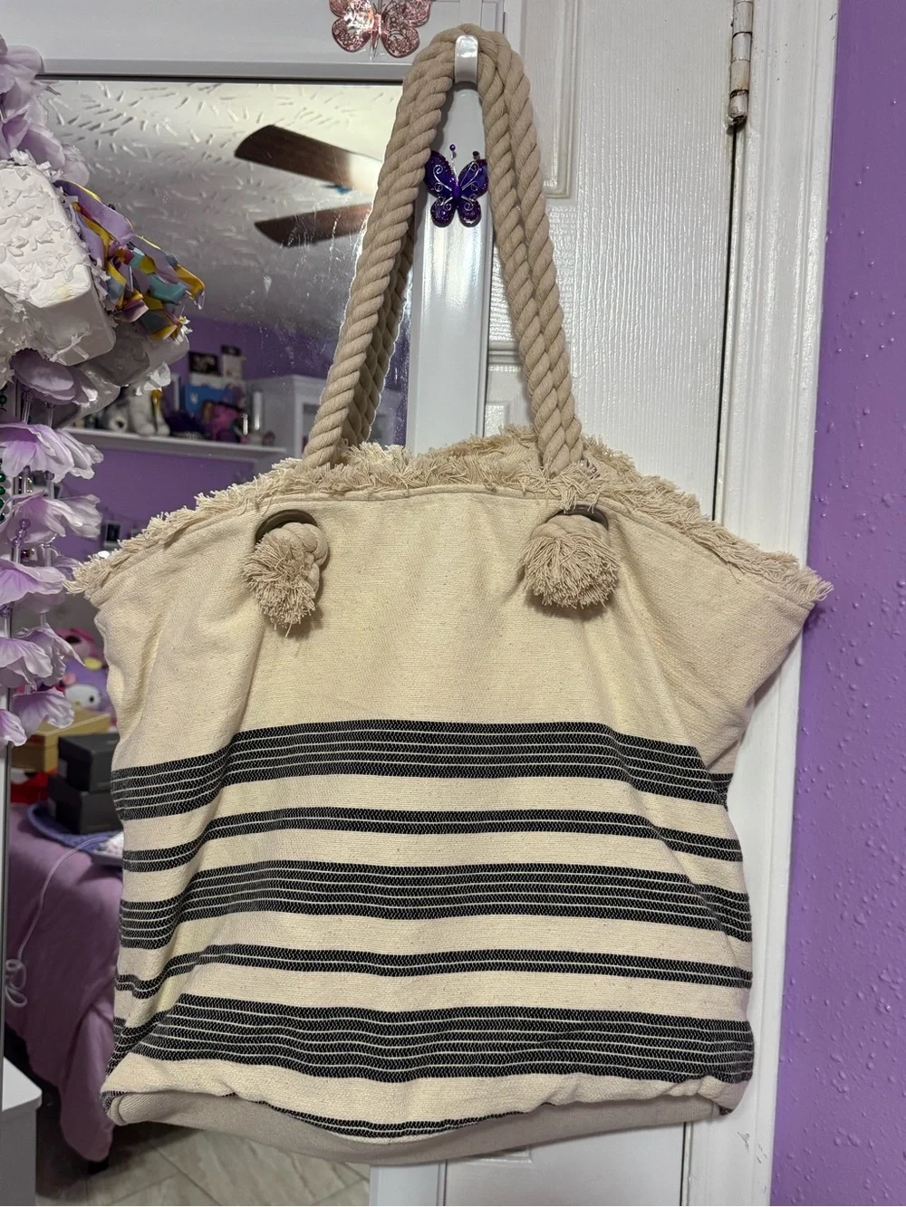 Large Magid Beach Bag Beige with Black stripes